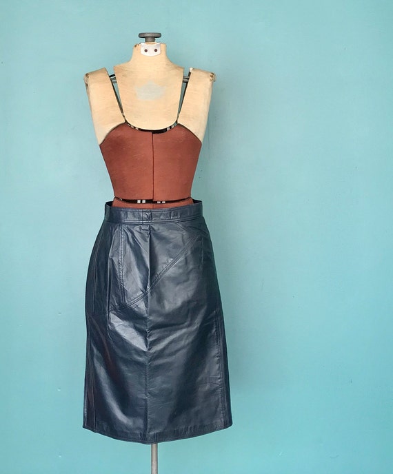 Vintage 80s Blue Leather Pencil Skirt Leather Ski… - image 3