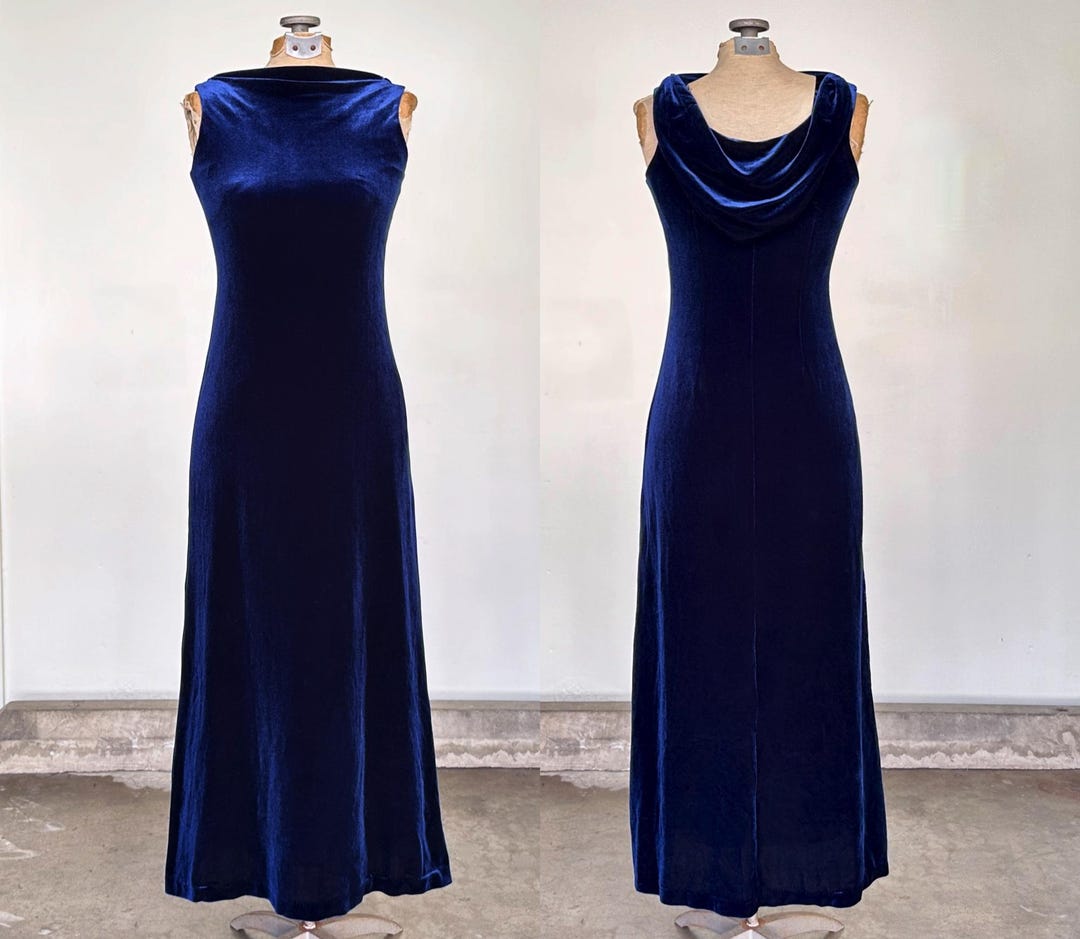 Nicole Miller Blue 90s Full Length Dress Velvet Dress Designer