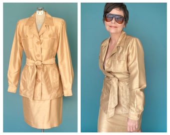 90s Vintage Gold Two Piece Blazer and Skirt Two Piece Skirt Set Skirt Suit Skirt Set Two Piece Skirt Set Two Piece Outfit TaraLynEvansStudio