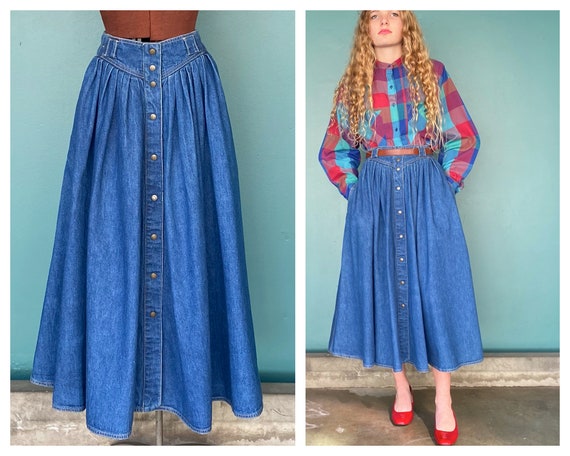 Denim Maxi Skirt 1980s Vintage Denim Skirt, 26 Wai