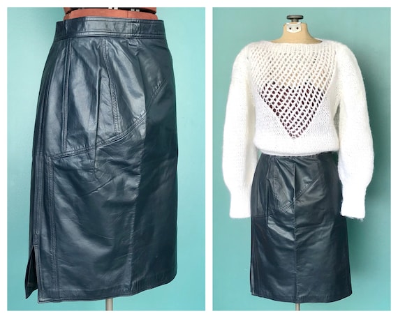 Vintage 80s Blue Leather Pencil Skirt Leather Ski… - image 1