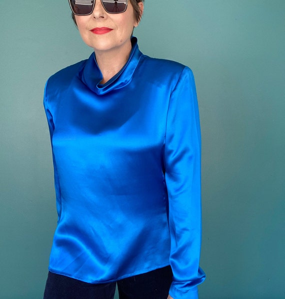 Cowl Neck Blue Blouse Silk Blouse Vintage Silk Bl… - image 2