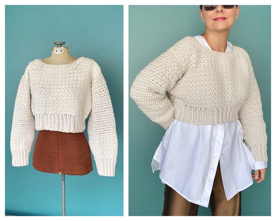Crochet Chunky Cropped Vintage Sweater Hand Knit C