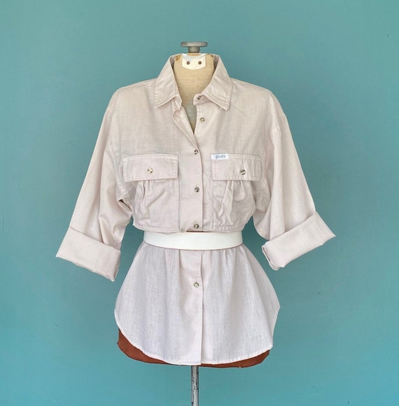 80s Retro Beige Button Up Work Shirt 80s Clothes … - image 1