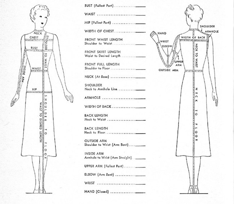 Pode incluir: Uma ilustra&ccedil;&atilde;o de linha de um corpo de mulher com medidas para costurar um vestido. As medidas incluem busto, cintura, quadril, ombro, pesco&ccedil;o, cava e comprimento.