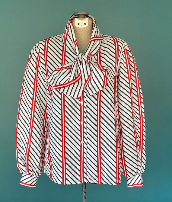 Bow Blouse Striped Blouse 80s Blouse Button Up Bl… - image 3