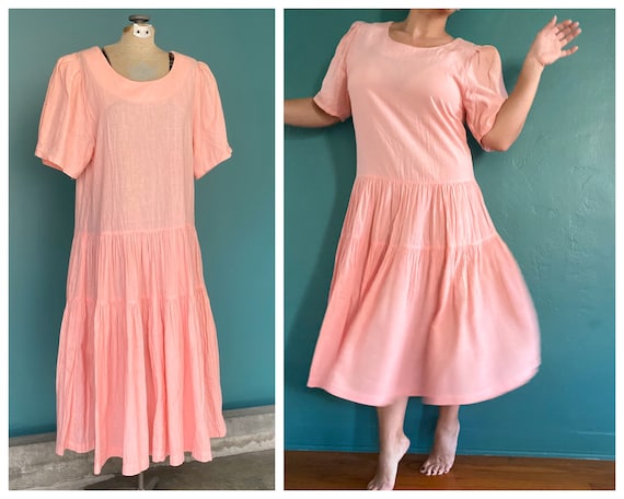 Maxi Peach Puff Sleeve 80s Vintage Dress Loose Sum
