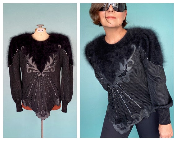 80s Black Angora Beaded Vintage Sweater Women Bla… - image 1