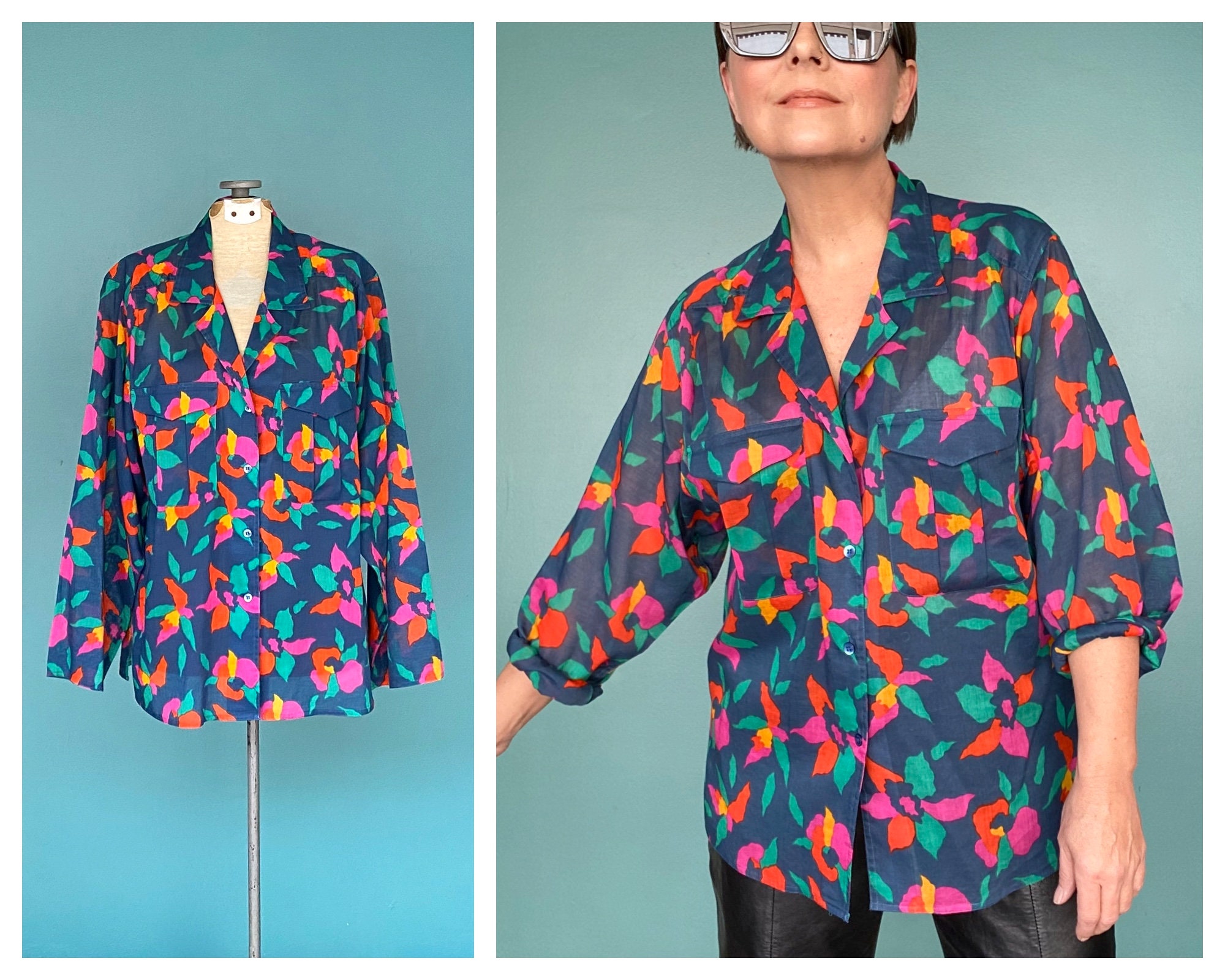 Blue Floral Sheer Blouse 90s Button 