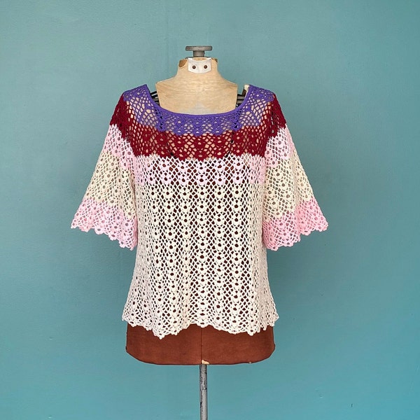 Crochet Top Vintage Womens Crocheted Top Crochet Shirt Crochet Clothes Vintage Crochet Bell Sleeve Top TaraLynEvansStudio