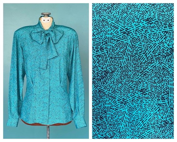 Turquoise Pussy Bow 80s High Neck Blouse Abstract