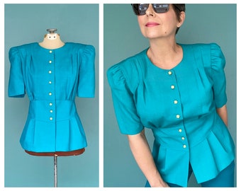 Peplum Top Peplum Blouse Blue Blouse Turquoise 80s Blouse Button Up Blouse Vintage Blouse Women Short Sleeve Blouse TaraLynEvansStudio