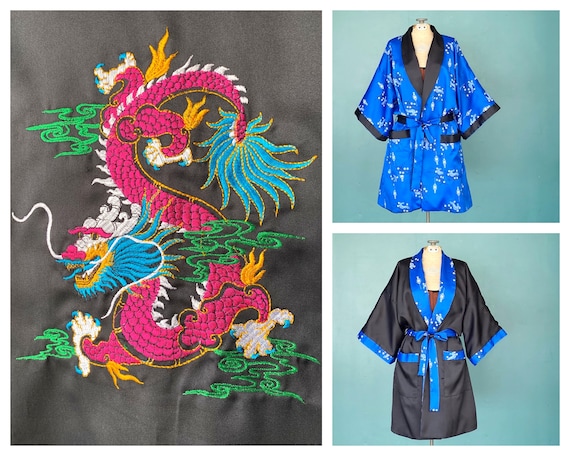 Satin Embroidered Black Kimono Robe Vintage Blue S