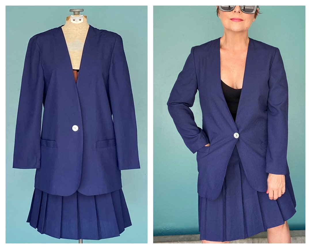 Vintage Navy Blue 90s Skirt Set Blazer and Skirt Two Piece Set Etsy