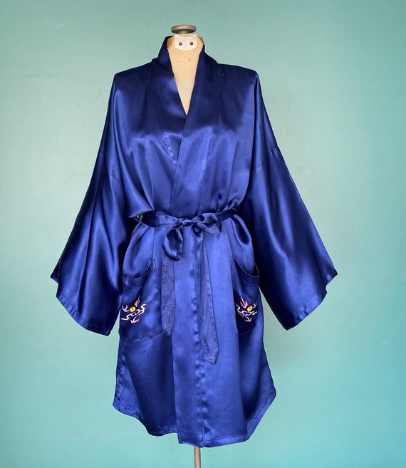 Blue Robe Satin Robe Kimono Robe Embroidered Robe… - image 2