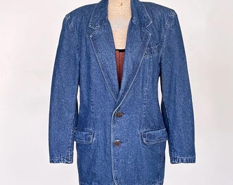 Blazer jeans vintage dos anos 90, jaqueta clássica de alfaiataria | Algodão azul | Feminino | Roupa casual para o trabalho e para o dia a dia | TaraLynEvansStudio