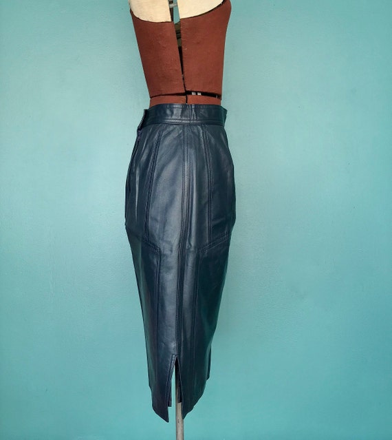 Vintage 80s Blue Leather Pencil Skirt Leather Ski… - image 5