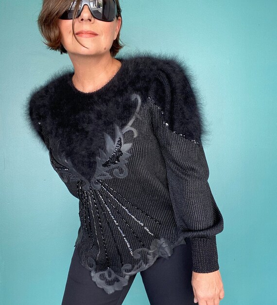 80s Black Angora Beaded Vintage Sweater Women Bla… - image 2