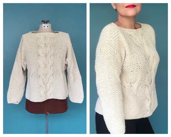 Cable Knit Crochet Vintage Cream Sweater Cable Kni