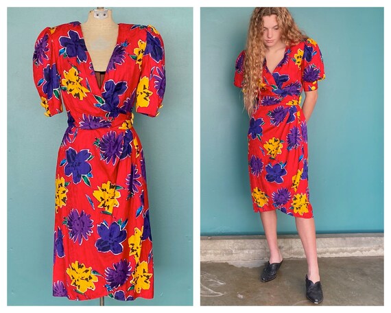 80s Floral Wrap Dress Red 1980s Vintage Dress Shor