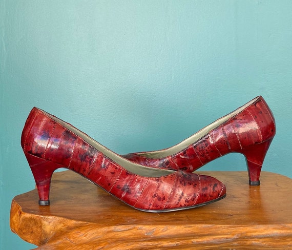 Vintage 80s Womens Red Leather Pumps Vintage Heel… - image 4