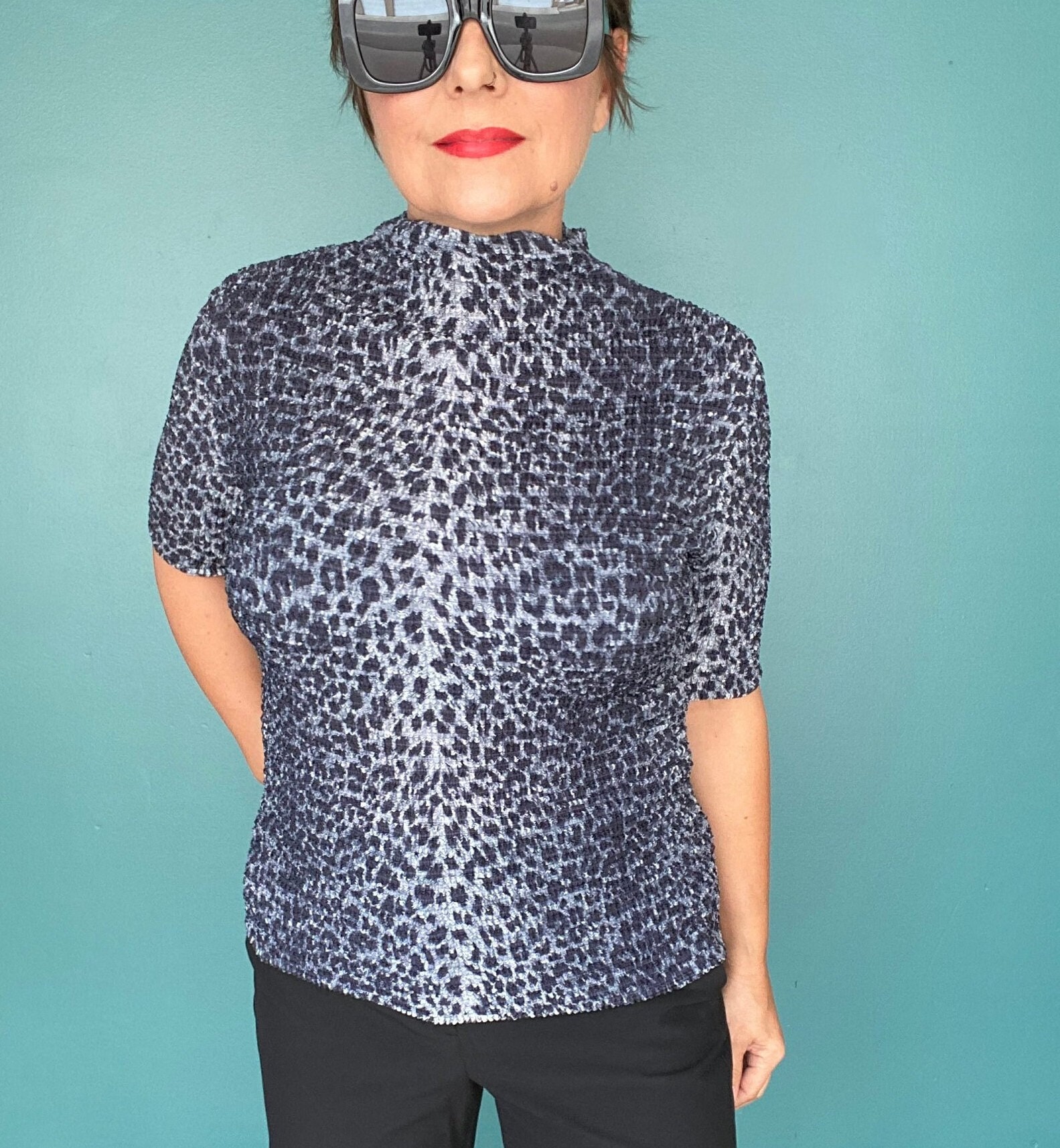 Pleated Top Fitted Blouse Leopard Print 