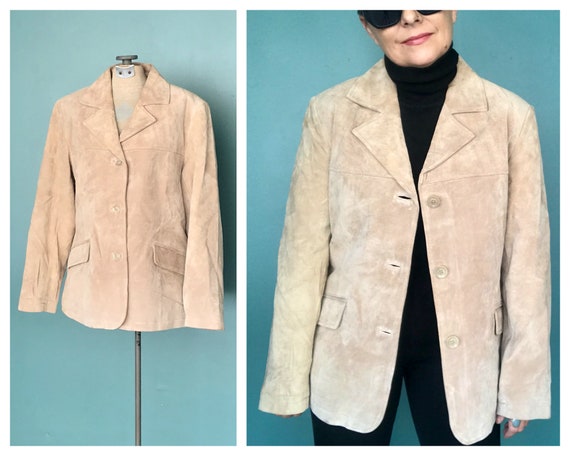 Beige Suede 90s Leather Jacket Women 90s Vintage L