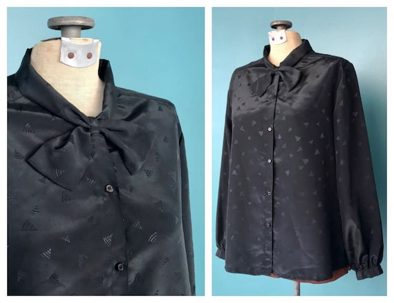 Black Satin Secretary Blouse Vintage Blouse, TaraL