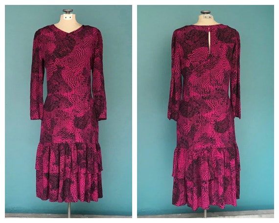 Pink Dress Silk Dress 80s Dress Leopard Print Tar… - image 1