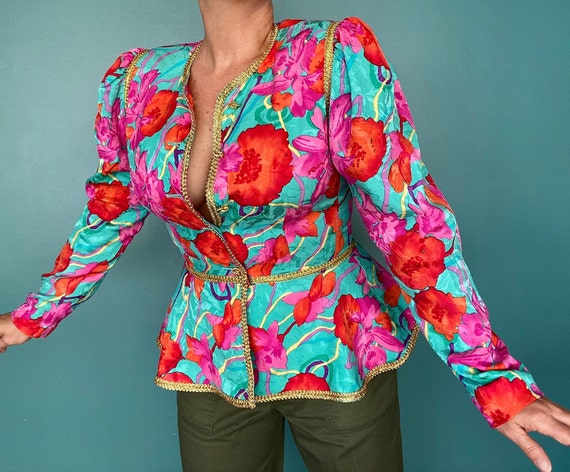 Floral Silk Colorful 1980s Peplum Blouse Vintage F