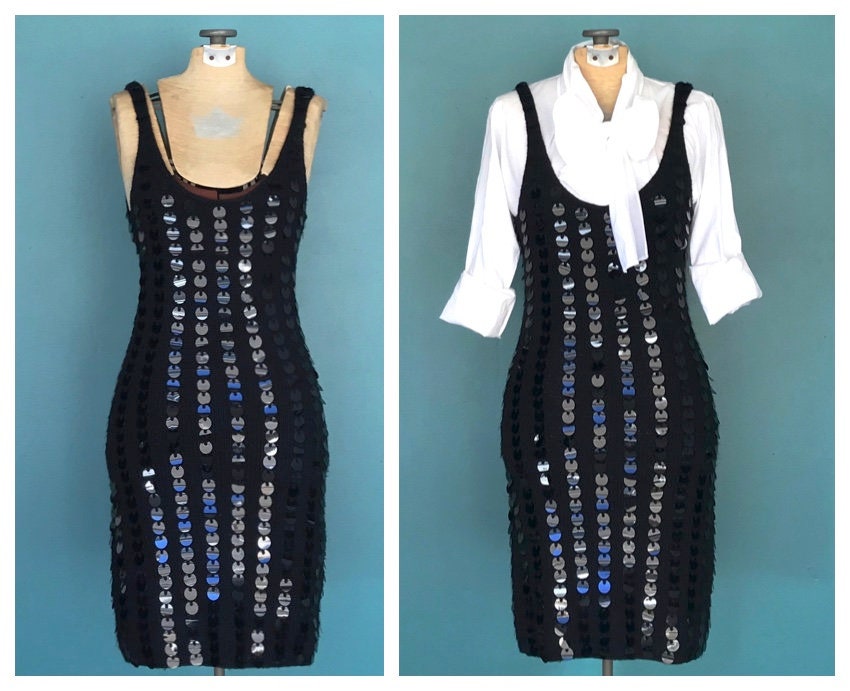 Vintage 90s Black Sequin Sweater Dress 