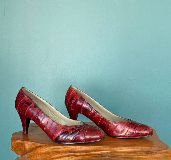 Vintage 80s Womens Red Leather Pumps Vintage Heel… - image 3