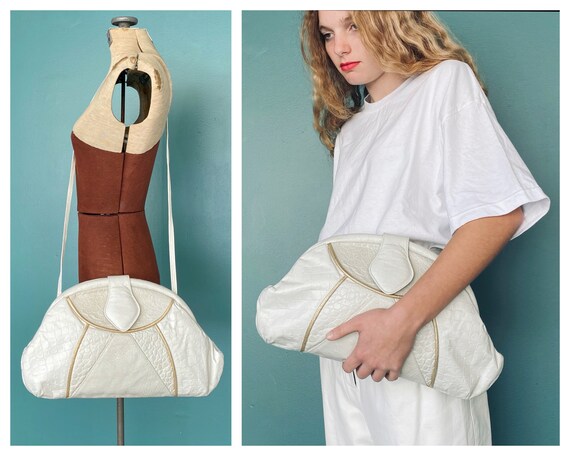 80s White Leather Patchwork Clutch Bag 80s White L