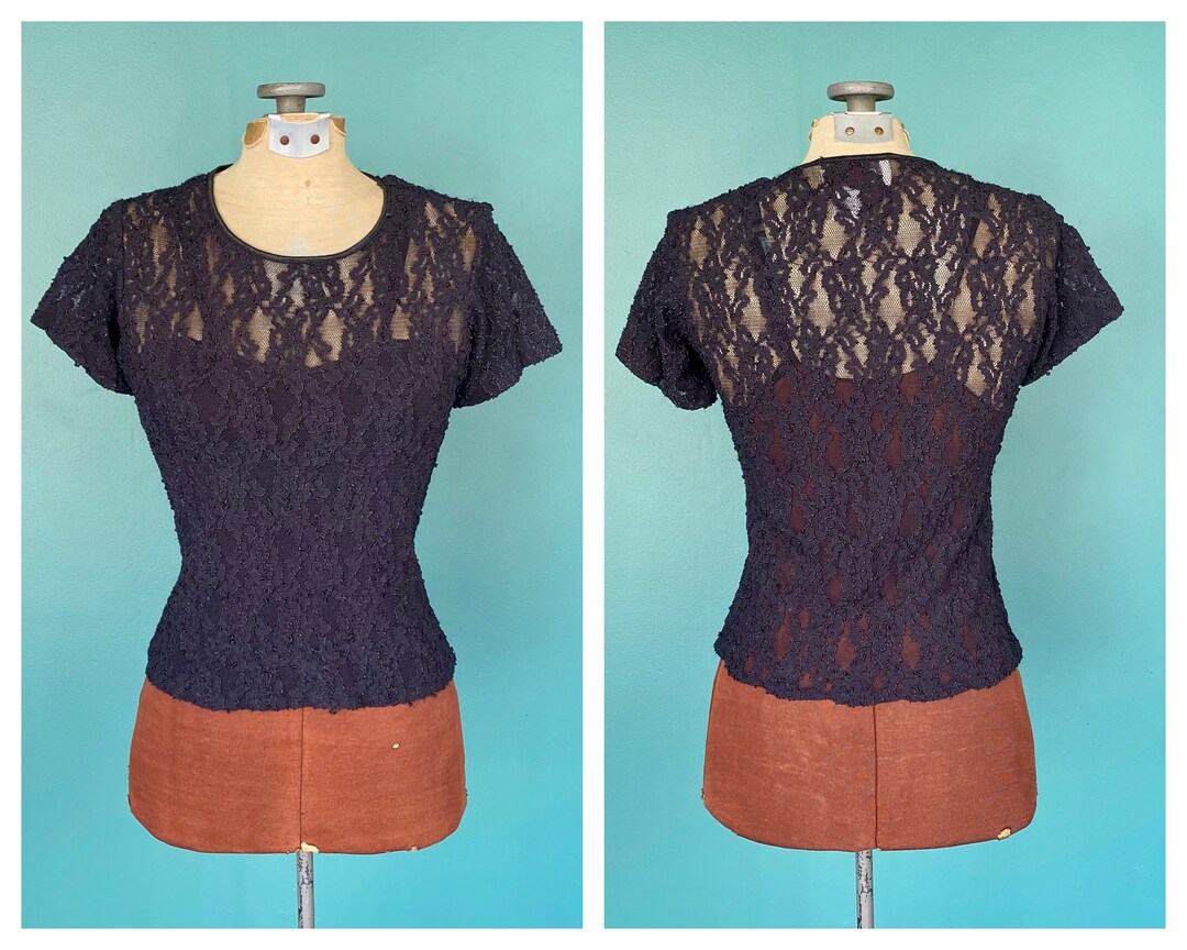vintage-90s-black-lace-stretch-top-black-top-fitted-top-90s-etsy