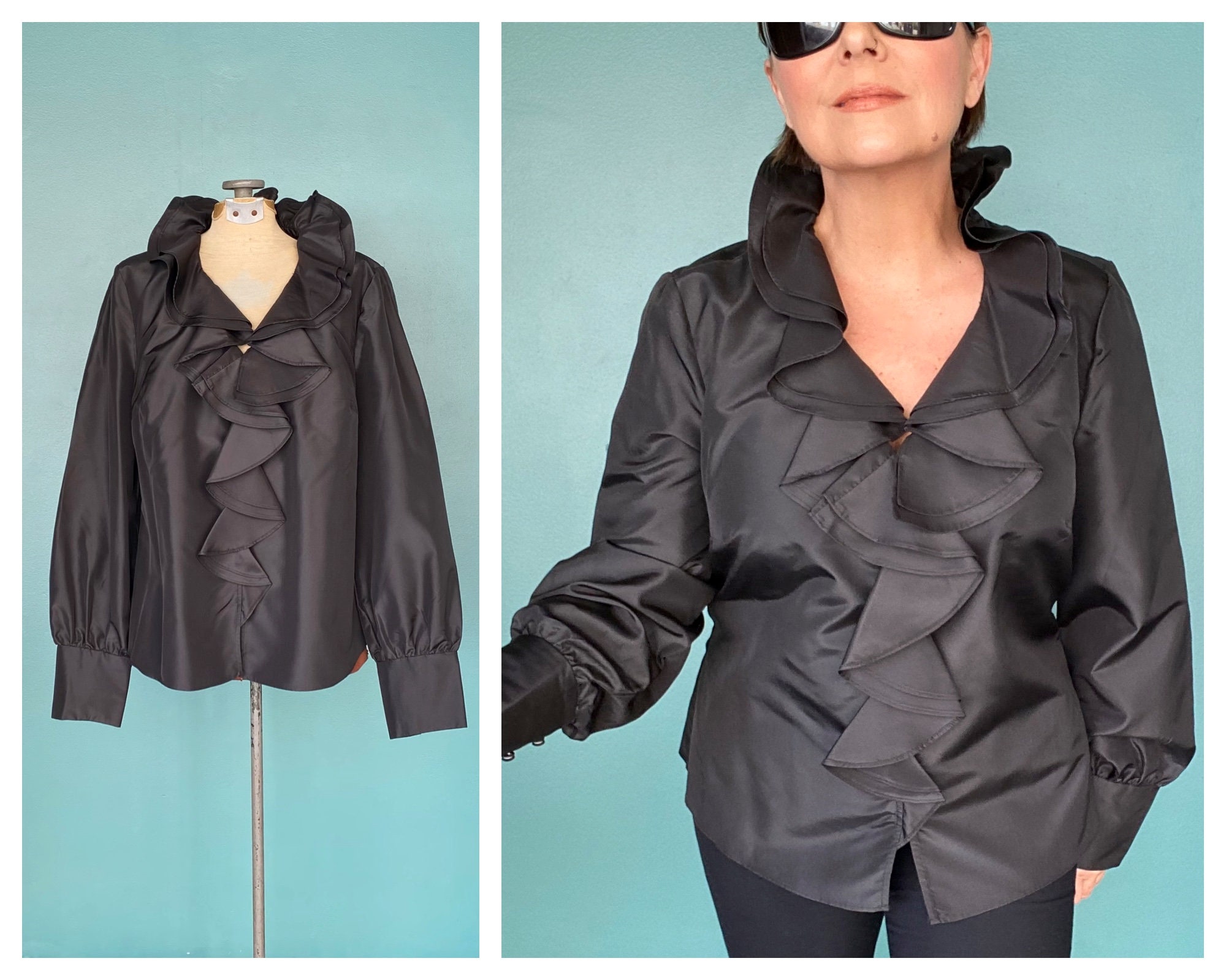 Ruffle Blouse Black Silk Blouse 90s 