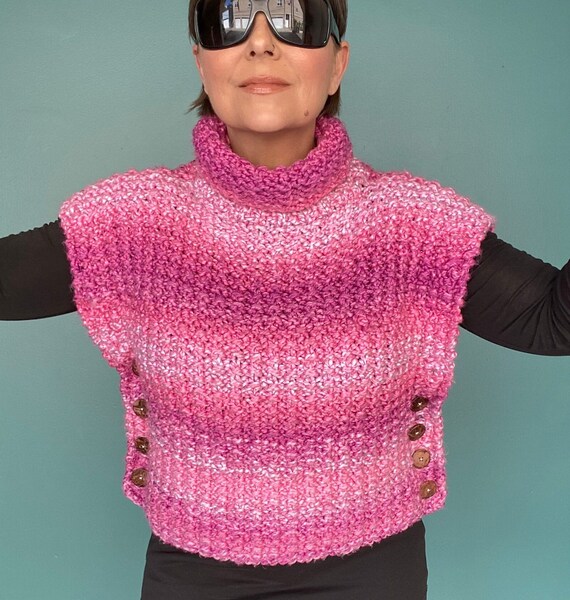 Pink Turtleneck Crochet Sweater Vest Vintage Swea… - image 1