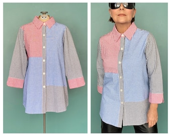 Color Block Gingham 90s Button Up Checkered Button Up Shirt Gingham Shirt Button Up Top Patchwork Shirt Color Block Shirt TaraLynEvansStudio