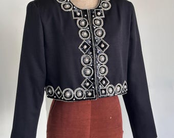 Vintage 80s Bolero Blazer Cropped Sequin | Trophy Black Beaded | Medium | Womens | Glam Party Evening | TaraLynEvansStudio
