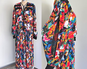 Diane Fries Blumen Kleid Damen 80er Jahre Boho | Mehrfarbig Lang Maxi | Große | TaraLynEvansStudio