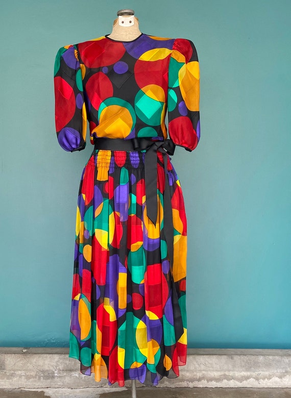 Rainbow Polka Dot Colorful 80s Midi Dress Silk Dr… - image 2
