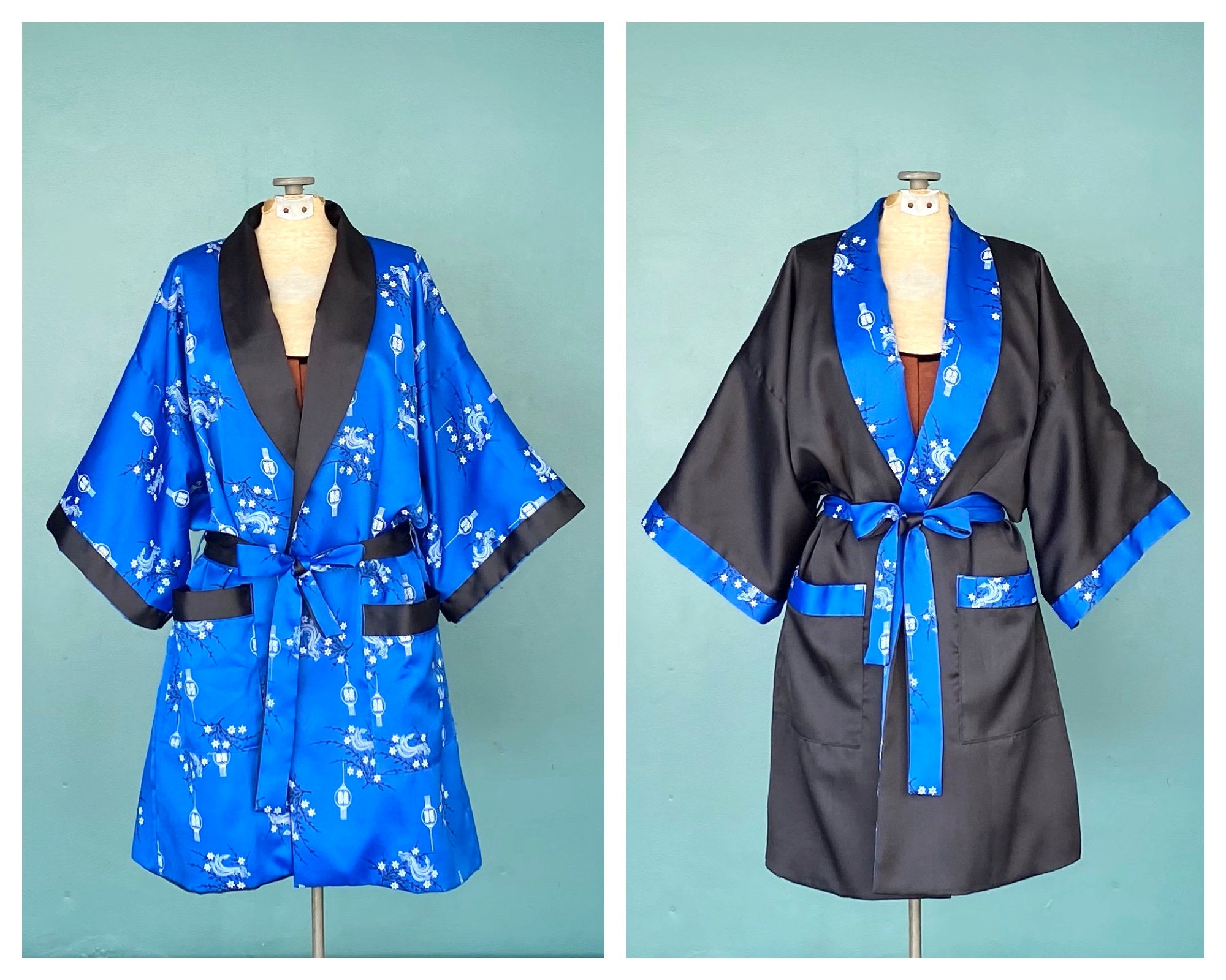 Black Satin Japanese Short Kimono Robe Blue Robe Kimono Robe Etsy