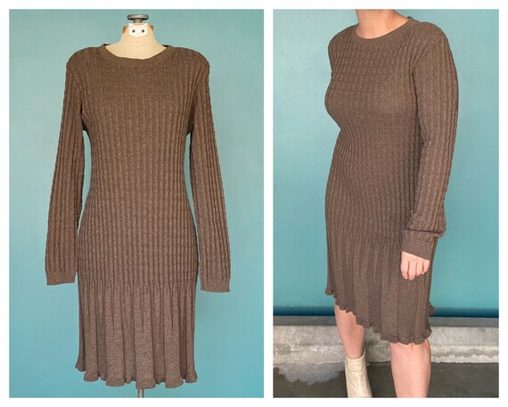 Vintage 80s Brown Knit Sweater Dress 