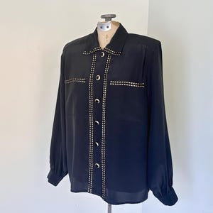 Vintage Schwarz Button Up 80er Bluse Langarm Bluse Button Up Shirt Damen Bluse Vintage Bluse Langarm Top TaraLynEvansStudio
