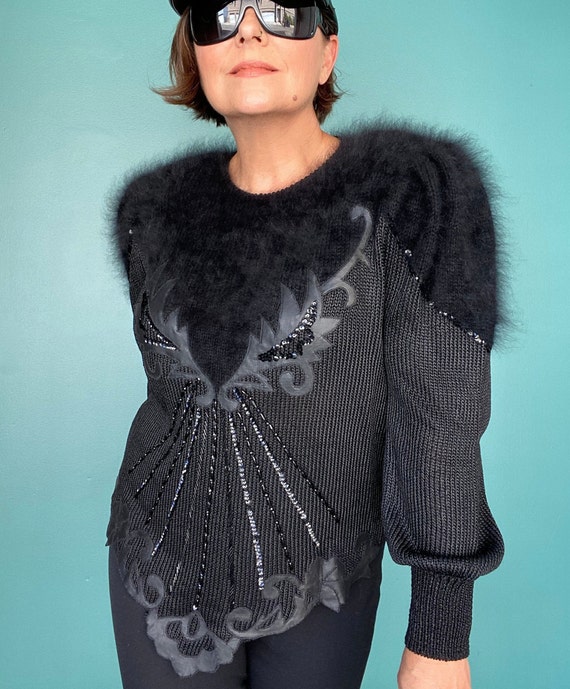 80s Black Angora Beaded Vintage Sweater Women Bla… - image 3