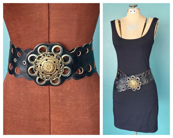 Vintage Oversized Wide Leather 80s Belt Womens Bla