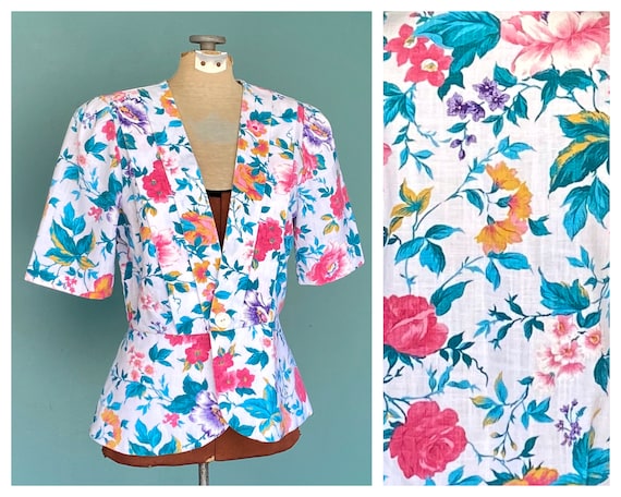 Colorful Floral 80s Vintage Peplum Top Short Sleev