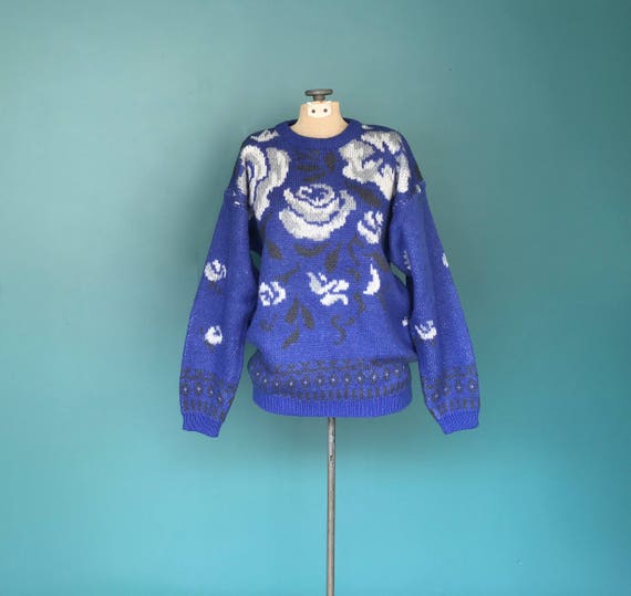 80s Mohair Floral Vintage Sweater Purple Mohair Kn