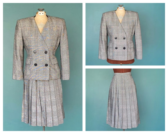 Skirt Suit Set Blazer and Skirt Set Plaid Two Pie… - image 1