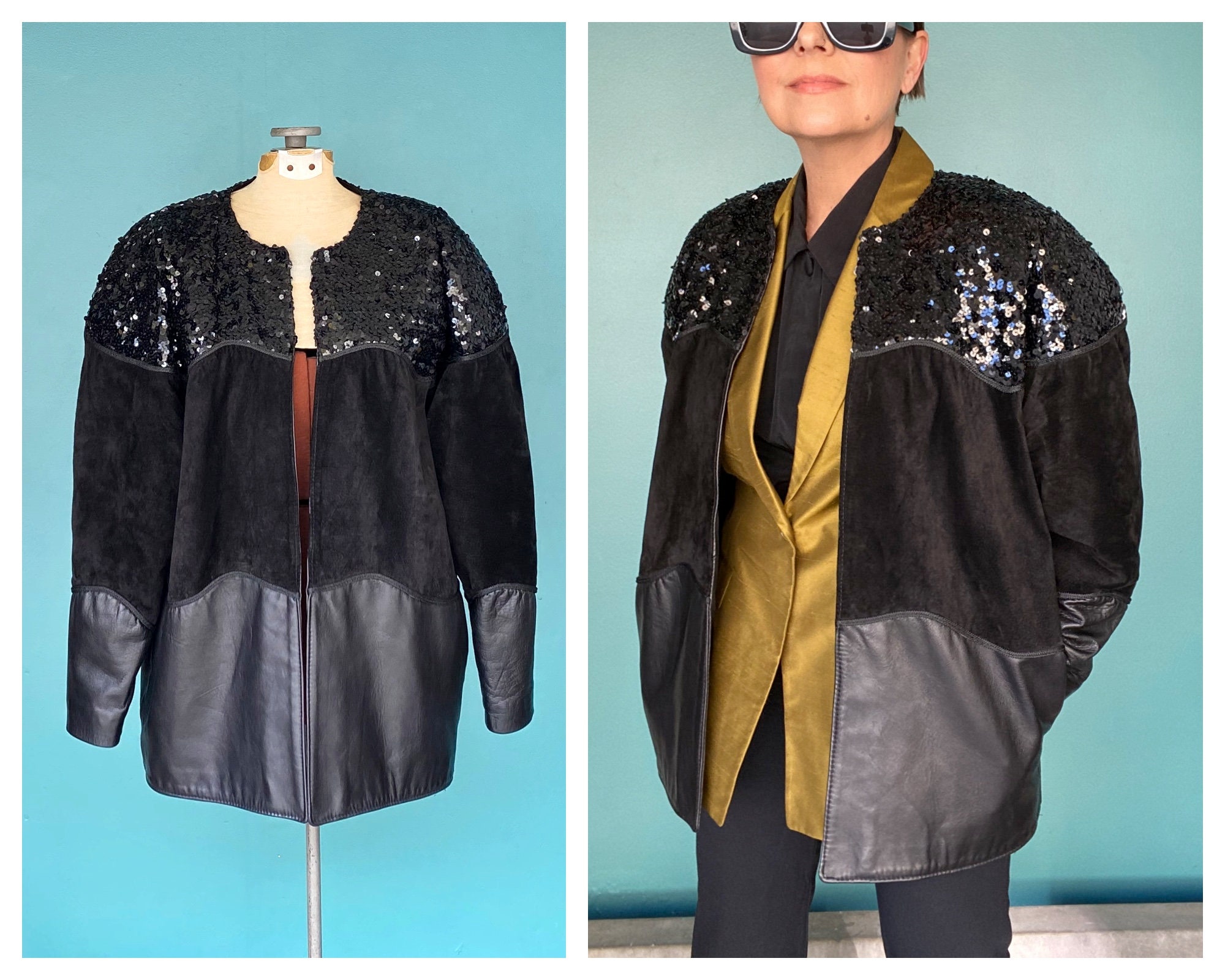 Leather jacket with sequin sleeves deals