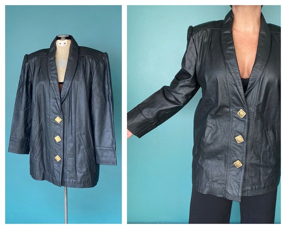 Black Leather 80s Vintage Blazer 80s Women Black L